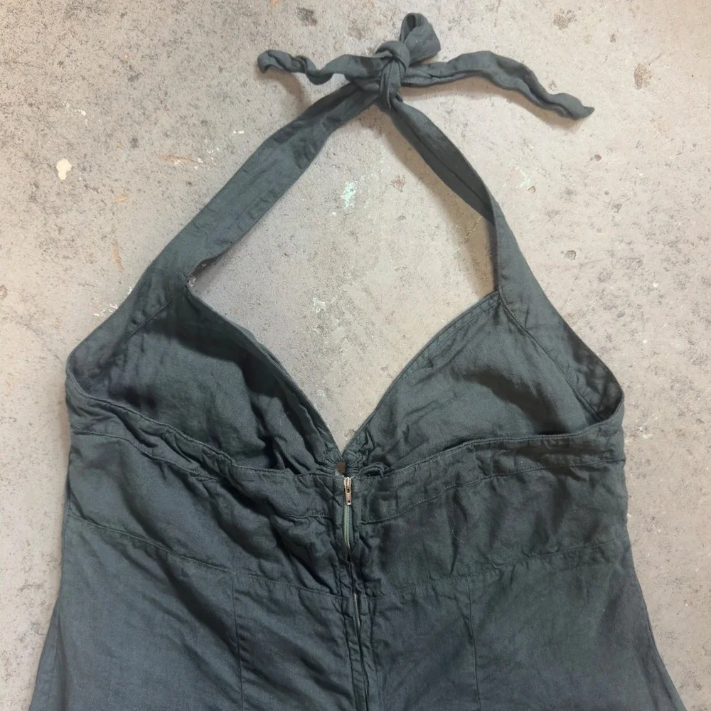 120% Lino Dark Green 100% Linen Halter Midi Dress Made in Italy Ruched V-Neck